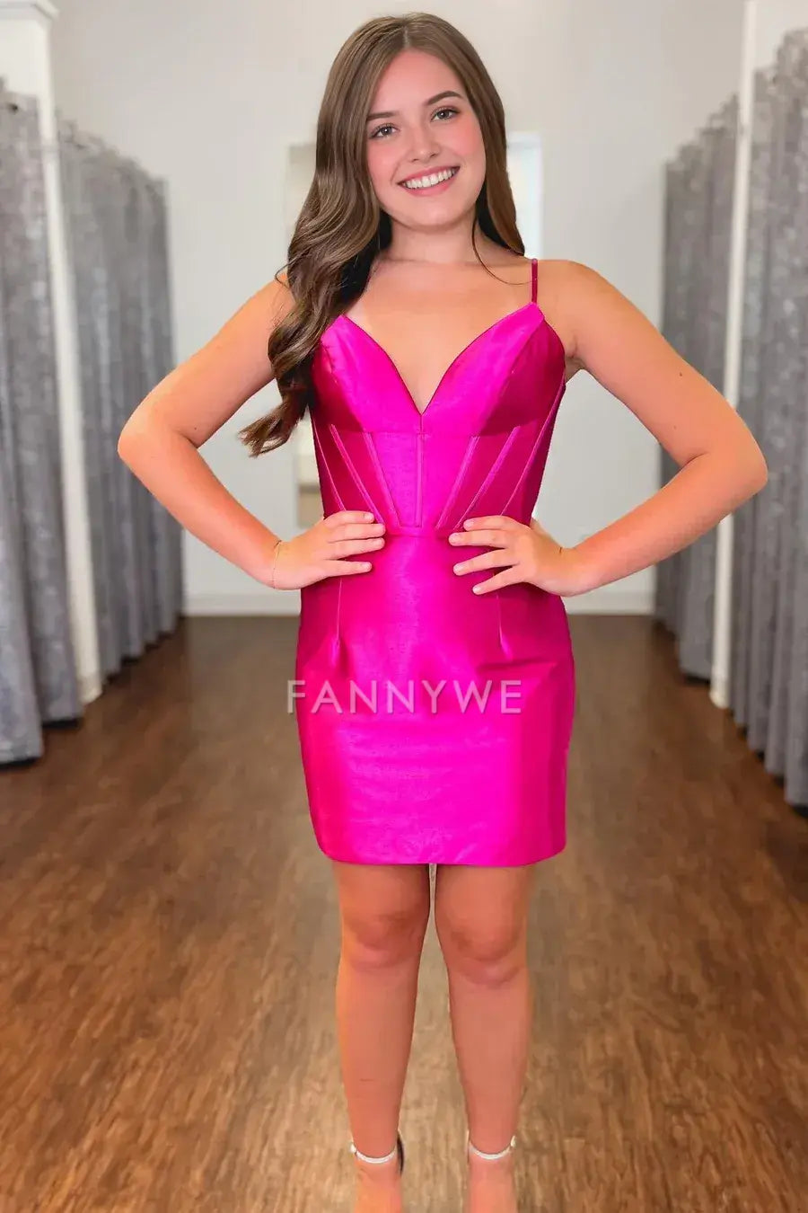 FannyWe Simple Magenta V-Neck Bodycon Homecoming Dress formal wear dresses